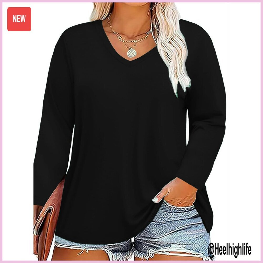 Plus Size Long Sleeve V-Neck Tunic Top - Soft Cotton Blend - Loose Fit
